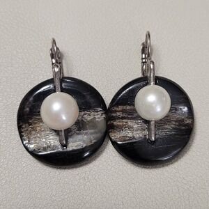 Vintage NATURE BIJOUX Silver Tone & Black Shell Faux Pearl Dangle Drop Earrings